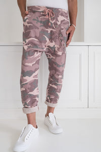 Women's relaxed fit camo pants pink comfortable drop-crotch sizes 10-14