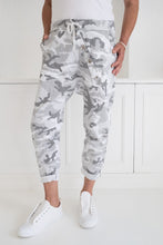 Load image into Gallery viewer, Women&#39;s relaxed fit camo pants grey and white comfortable drop-crotch sizes 10-14
