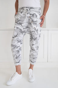 Women's relaxed fit camo pants grey and white comfortable drop-crotch sizes 10-14