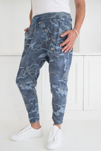 Load image into Gallery viewer, Women&#39;s relaxed fit camo pants blue comfortable drop-crotch sizes 10-14

