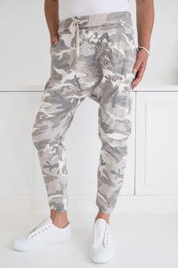 Women's relaxed fit camo pants beige and natural comfortable drop-crotch sizes 10-14