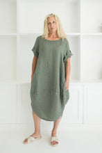 Load image into Gallery viewer, inspired wardrobe italian linen rachel dress khaki green moss sage size 10-18
