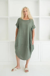 inspired wardrobe italian linen rachel dress khaki green moss sage size 10-18
